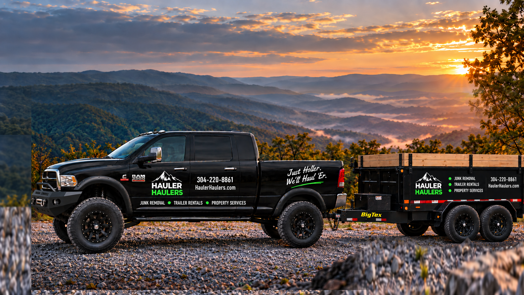 Hauler Haulers LLC black lifted Ram 3500 Mega Cab and black dump trailer with wooden sideboards and white-and-green Budget Cut branding in the West Virginia mountains